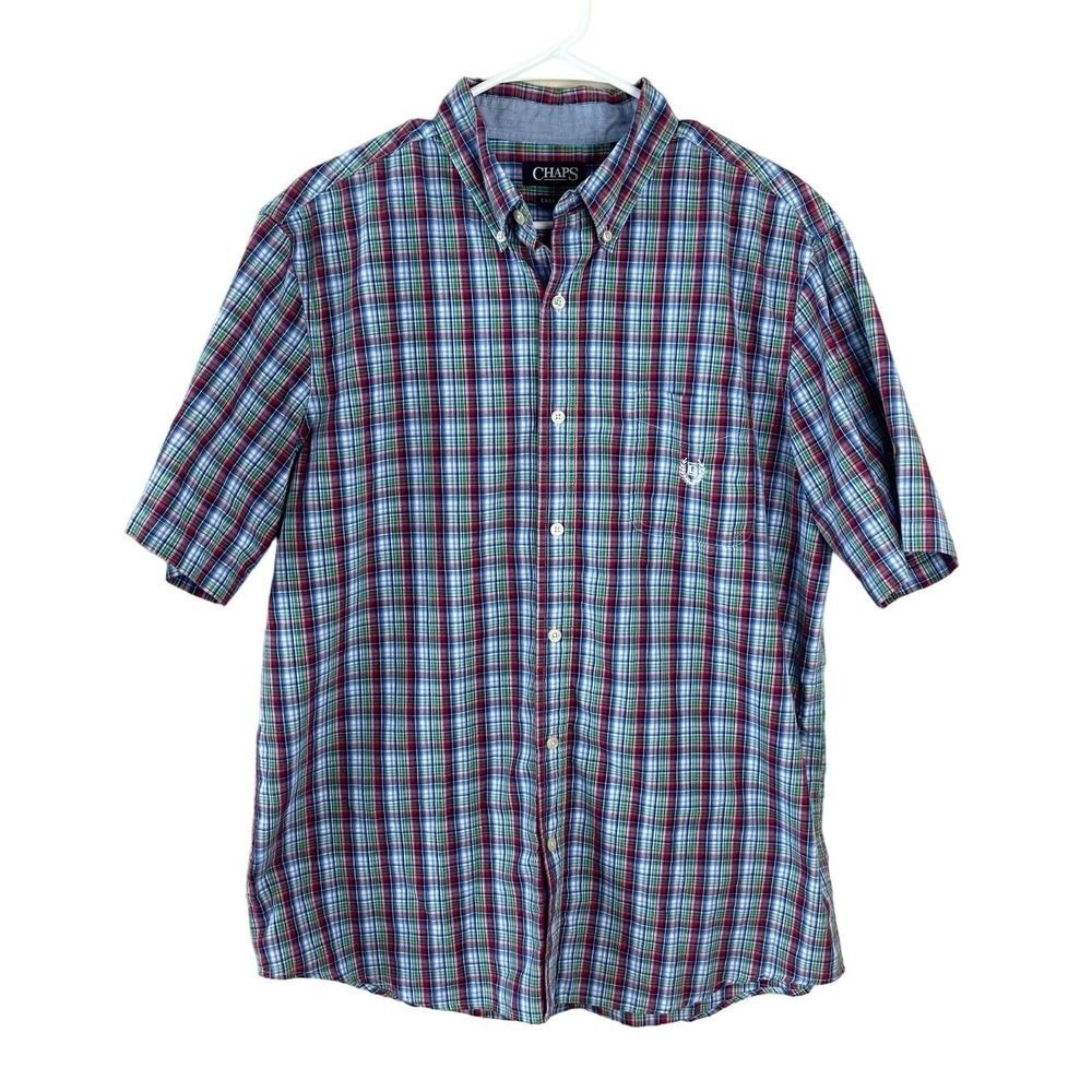 Chaps Mens Shirt L Blue Plaid Button Down Short Sleeve Dadcore 90s Retro Preppy